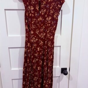 Reformation Burgundy Floral Midi Dress with Mustard and Slate Accents